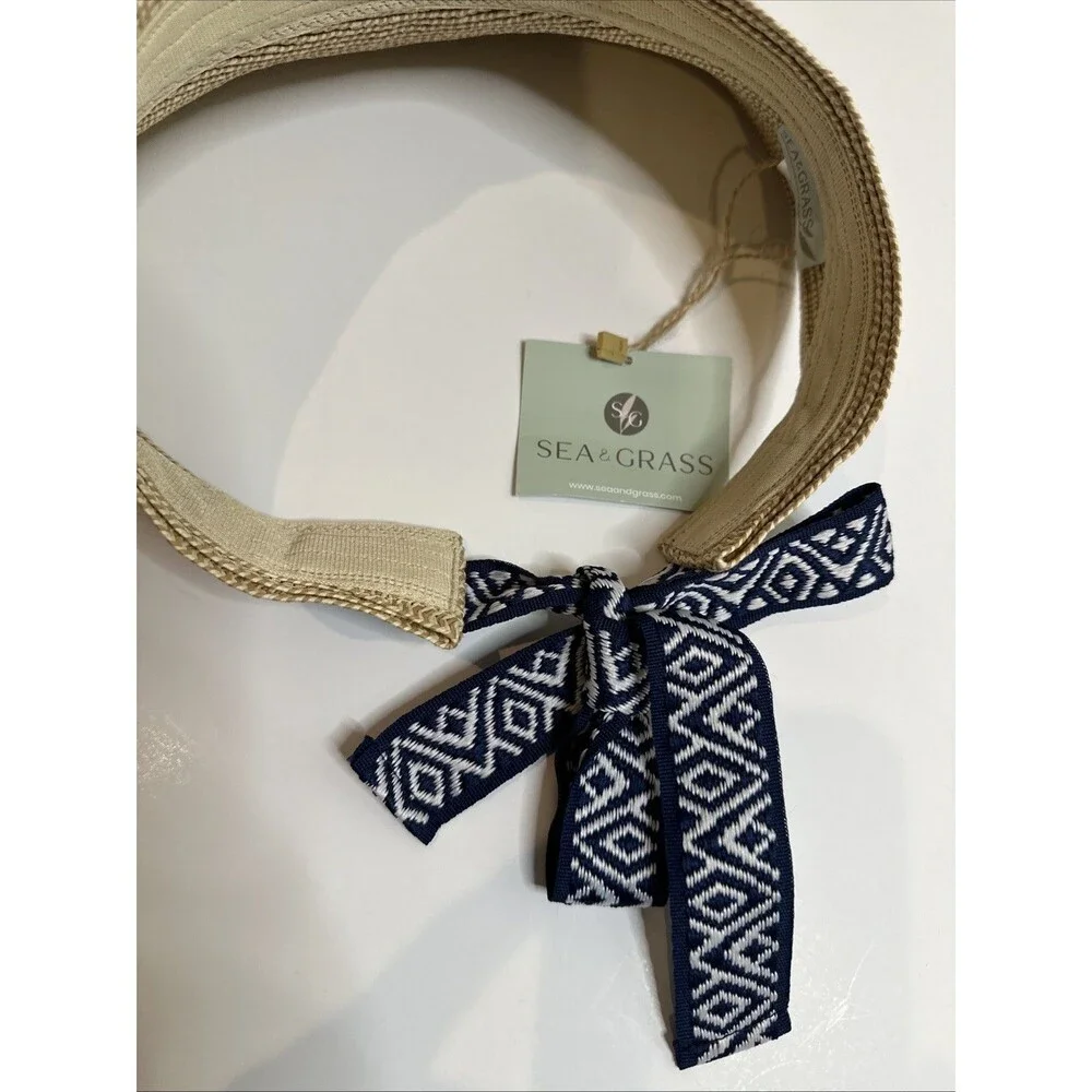 NWT Sea & Grass Women's Paper Straw Hat Visor Blue Ribbon Tie Closure NEW